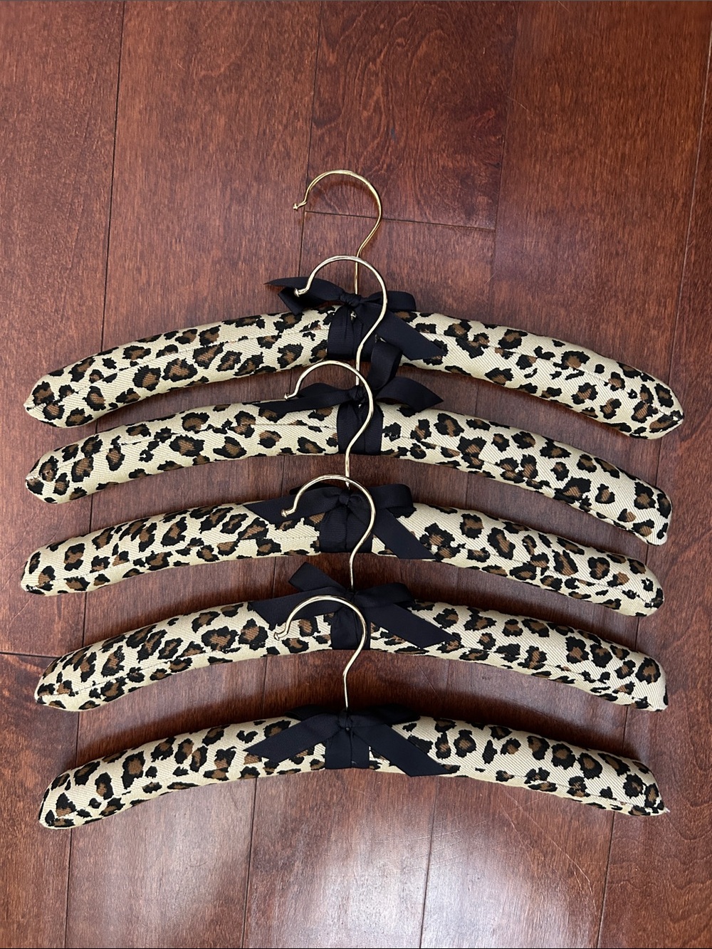 Animal Leopard Print Padded Hangers with Black Bows and Gold Hardware, Set of 5